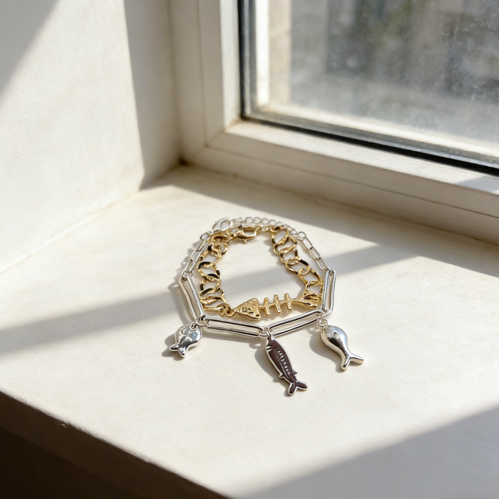Collar y pulsera en capas de metal mixto dorado y plateado inspirados en el océano | Joyería vintage con estilo para mujer