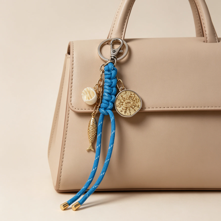 Llavero de Cuerda Azul con Dijes de Pez y Concha - Accesorio de Moda para Bolsos, Mayorista|JI JOYA