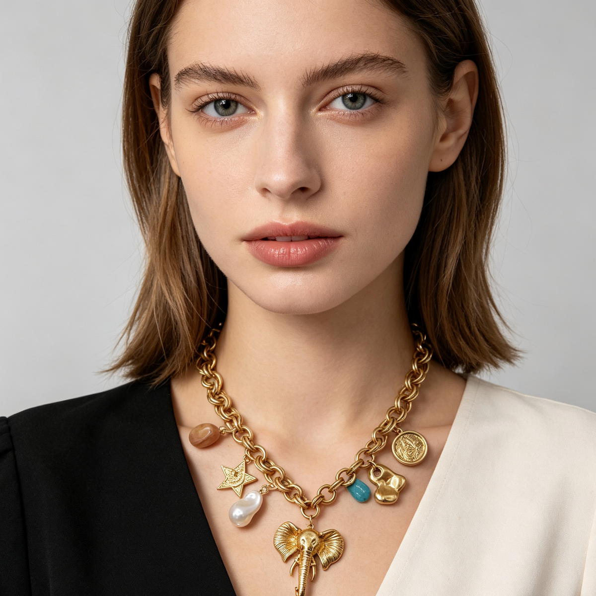 Collar Dorado Vintage con Colgante de Elefante, Piedras Mixtas y Perlas, Joyería de Moda al Por Mayor|JI JOYA
