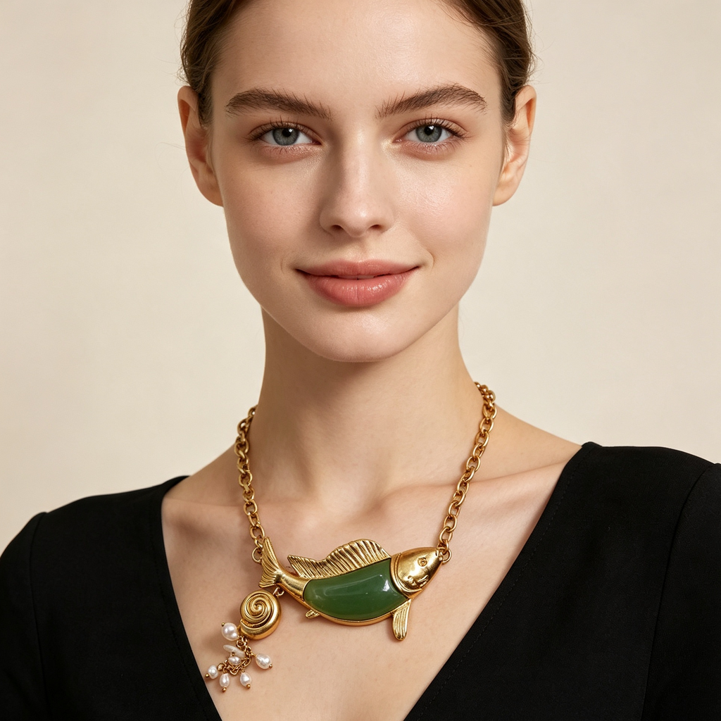 Conjunto Pendientes y Collar Pez Corazón Piedra Verde Dorado | Bisutería Mayorista Moda Mujer|JI JOYA