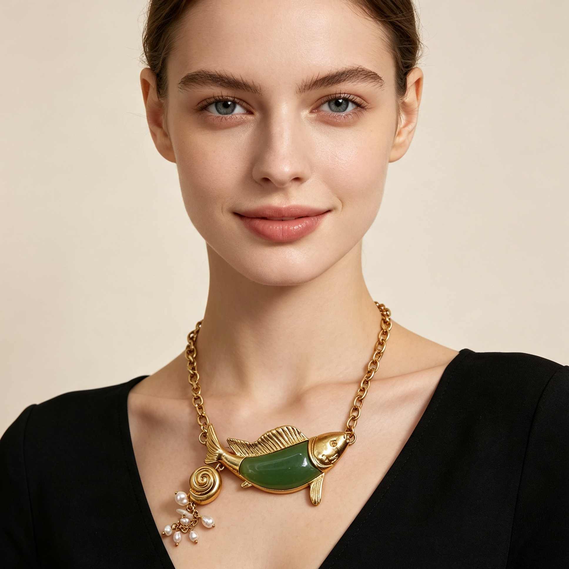 Conjunto Pendientes y Collar Pez Corazón Piedra Verde Dorado | Bisutería Mayorista Moda Mujer|JI JOYA