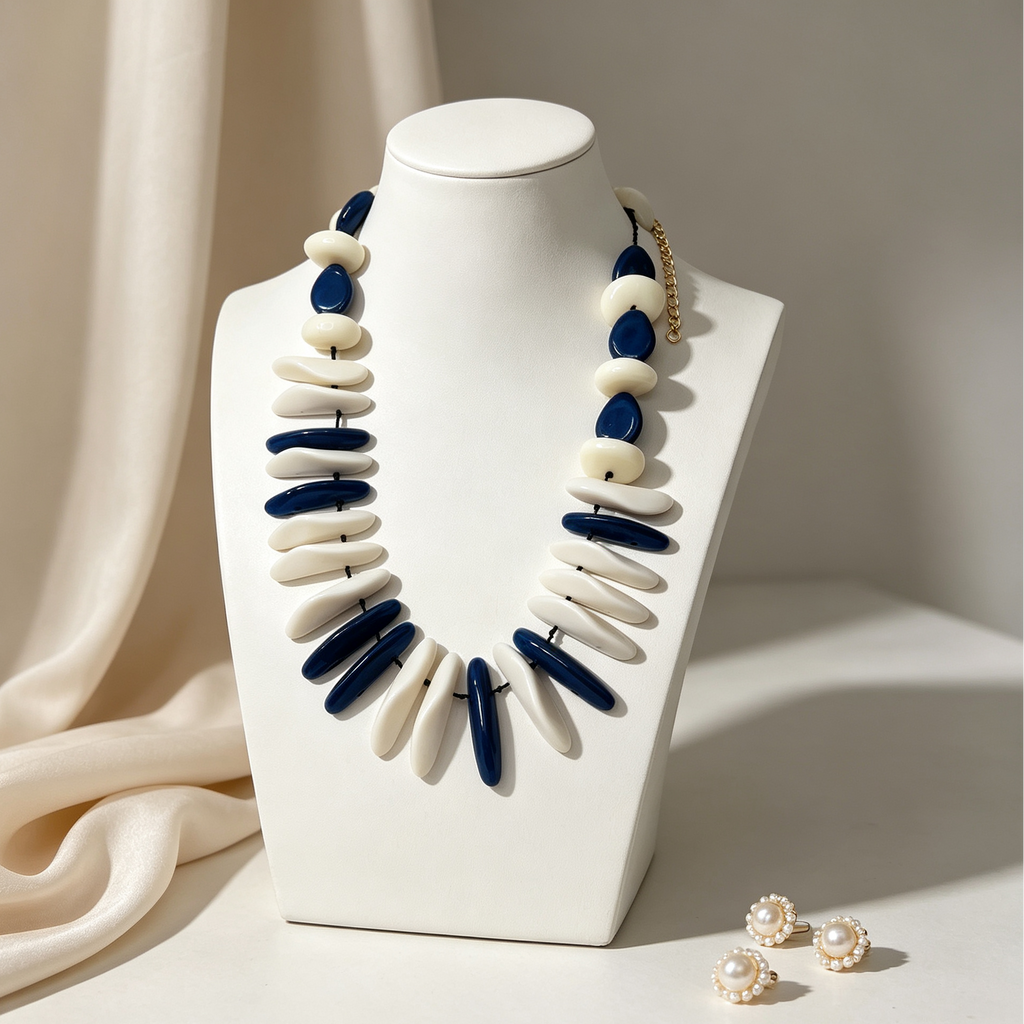 Collar de cuentas geométricas azul marino y blanco, collar llamativo de resina, accesorio mayorista para mujer|JI JOYA