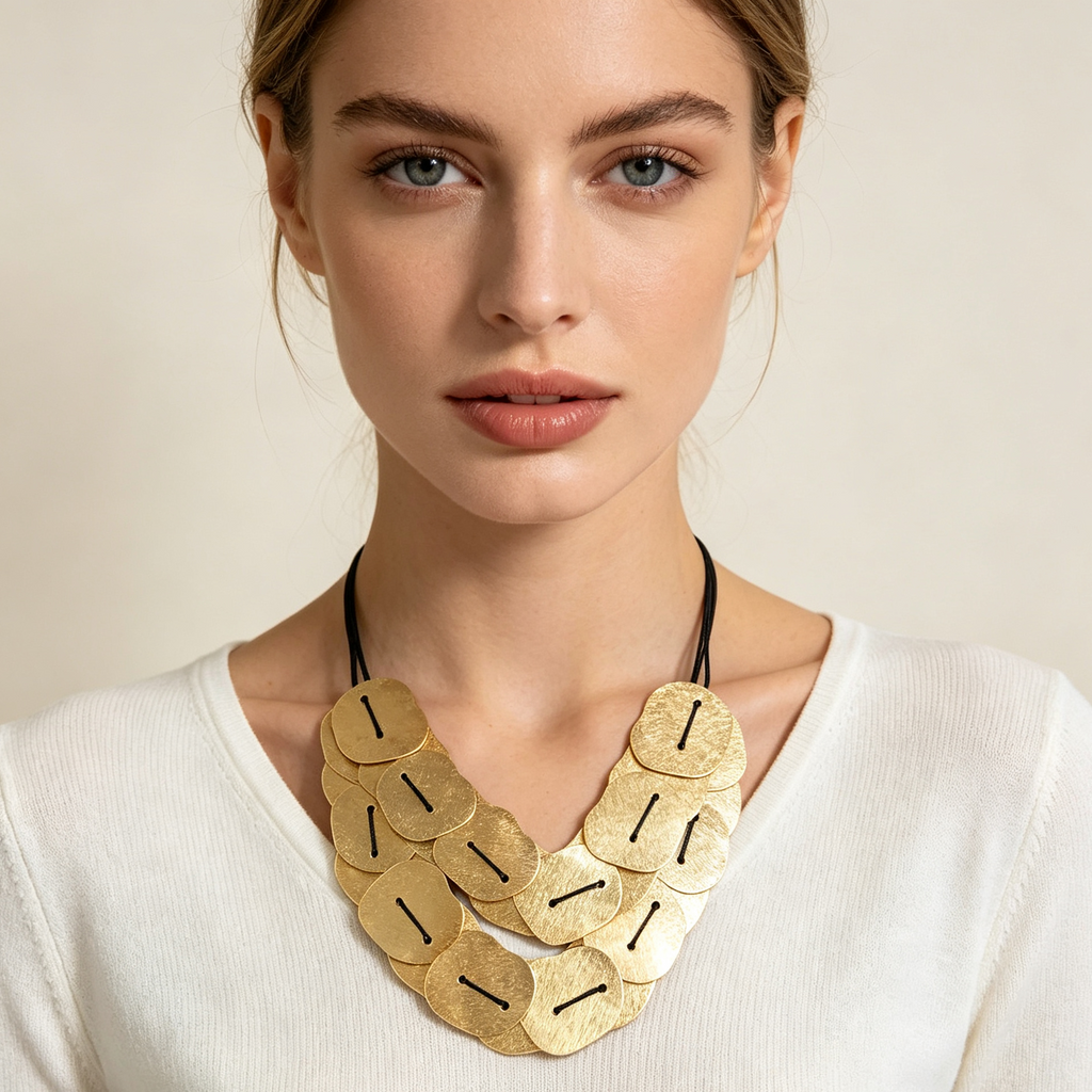 Collar de Láminas Metálicas Doradas de Doble Capa, Gargantilla Boho con Cordón Negro, Joyería Mayorista para Mujer|JI JOYA