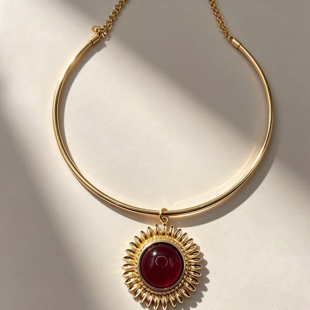 Collar Choker Sol con Piedra Cerrada, Collar de Metal Dorado, Accesorio de Moda al Por Mayor|JI JOYA