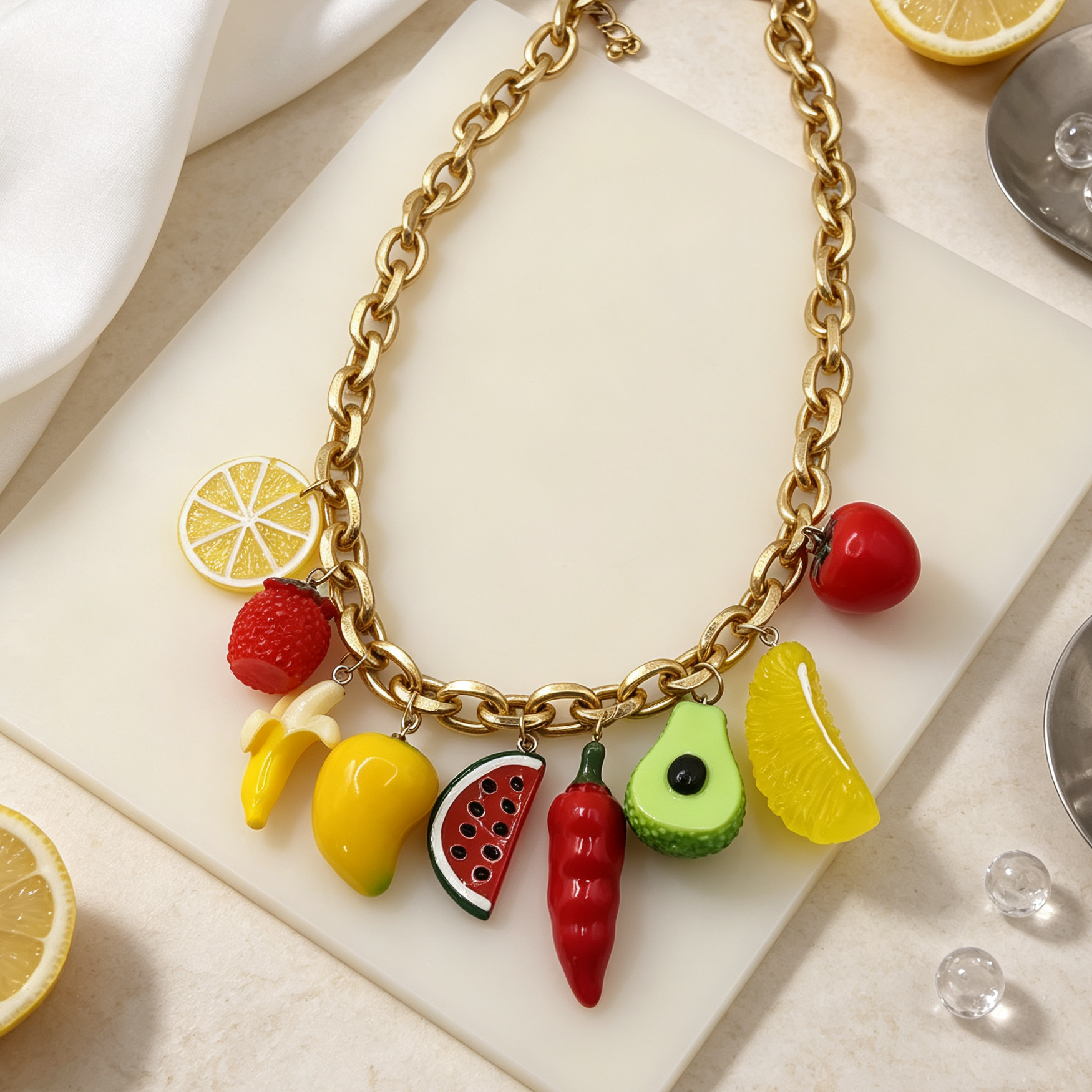 Collar de cadena gruesa con colgantes de frutas surtidas, collar llamativo de moda para mujer, venta al por mayor|JI JOYA