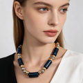 Collar de cuentas cilíndricas azul marino, aleación de zinc dorado y plata, collar de moda mayorista|JI JOYA