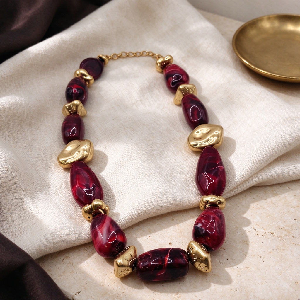 Collar de cuentas rojo bordeaux con separadores dorados, diseño irregular, venta al por mayor para joyería de moda|JI JOYA