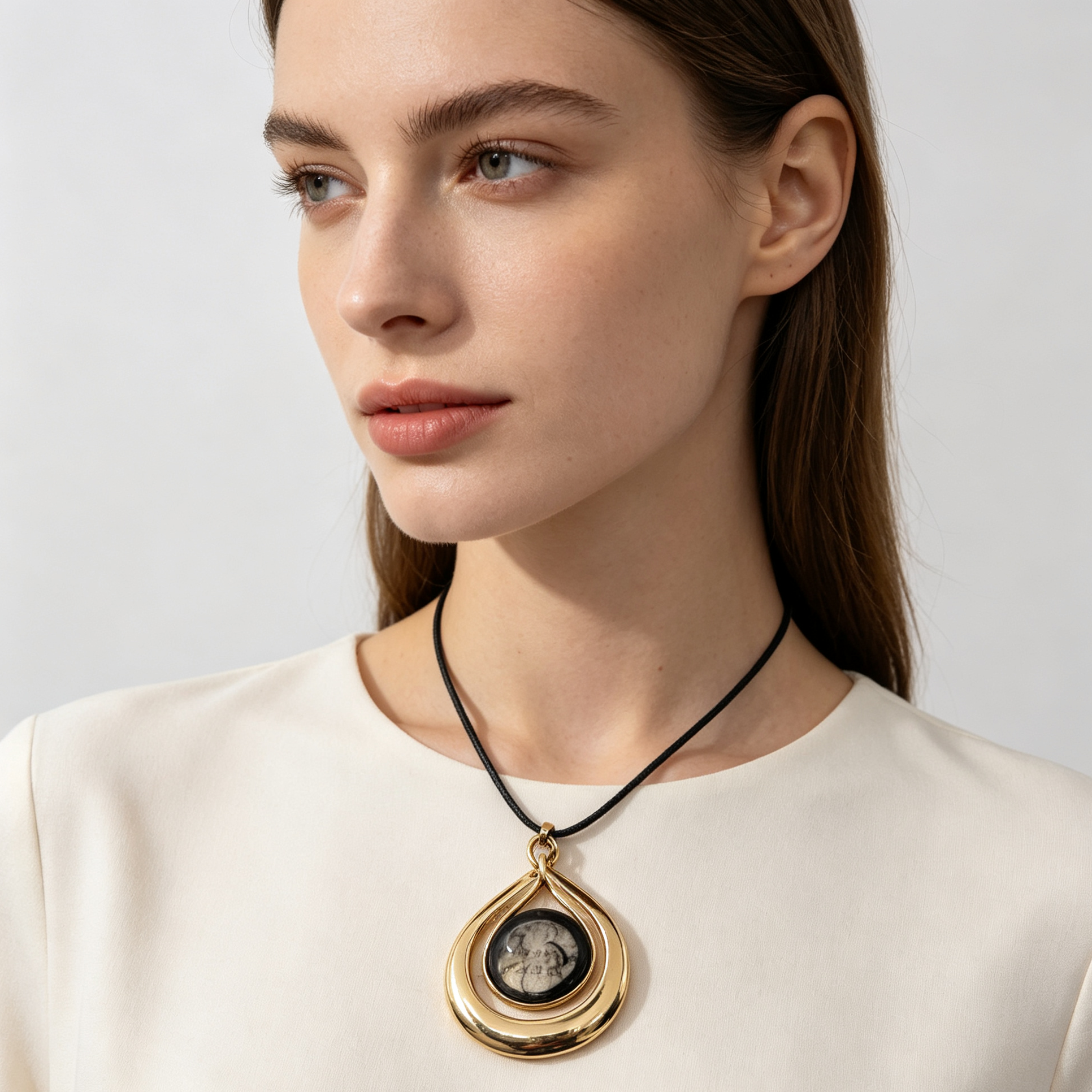 Collar Largo con Colgante de Metal Dorado Forma Lágrima, Cordón Negro, Joyería Moda al Por Mayor|JI JOYA