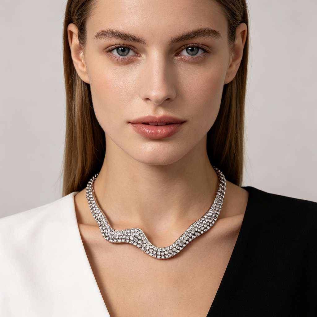 Collar Choker Ondulado con Cristales, Diseño Elegante, Disponible en Plata y Oro, Mayorista de Bisutería|JI JOYA