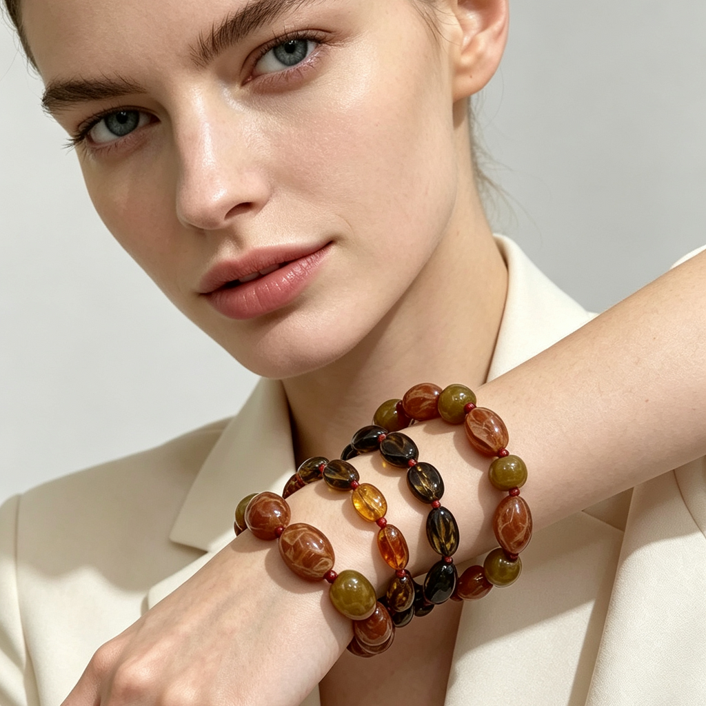 Set de Collar de 3 Hilos y Pulsera de Resina Estilo Ámbar, Joyería Vintage al Por Mayor|JI JOYA