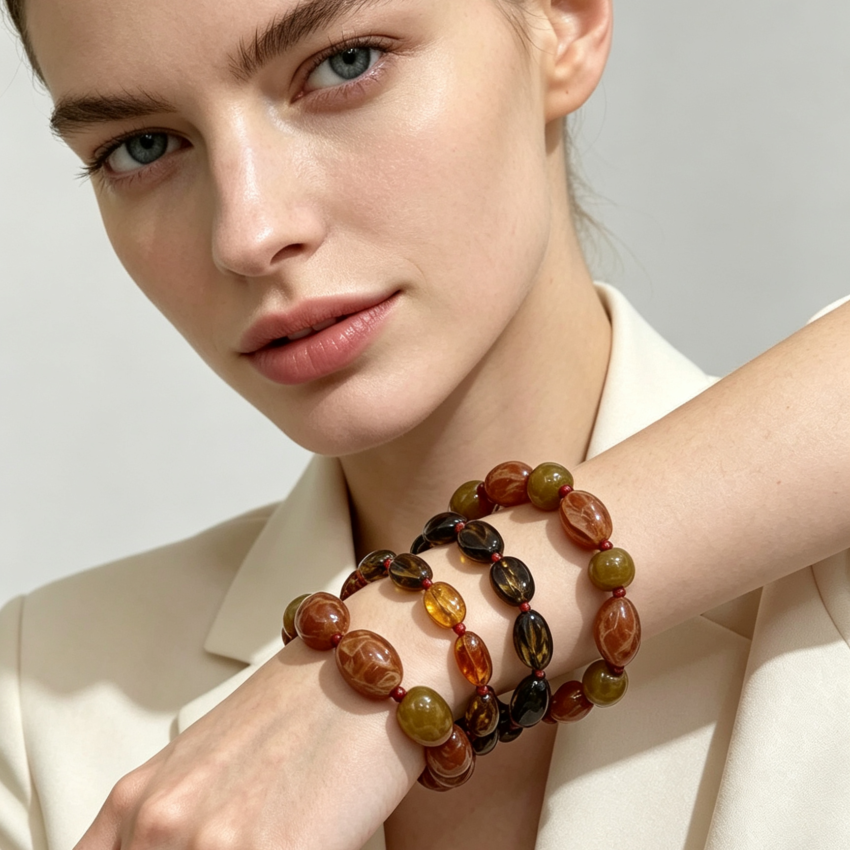 Set de Collar de 3 Hilos y Pulsera de Resina Estilo Ámbar, Joyería Vintage al Por Mayor|JI JOYA