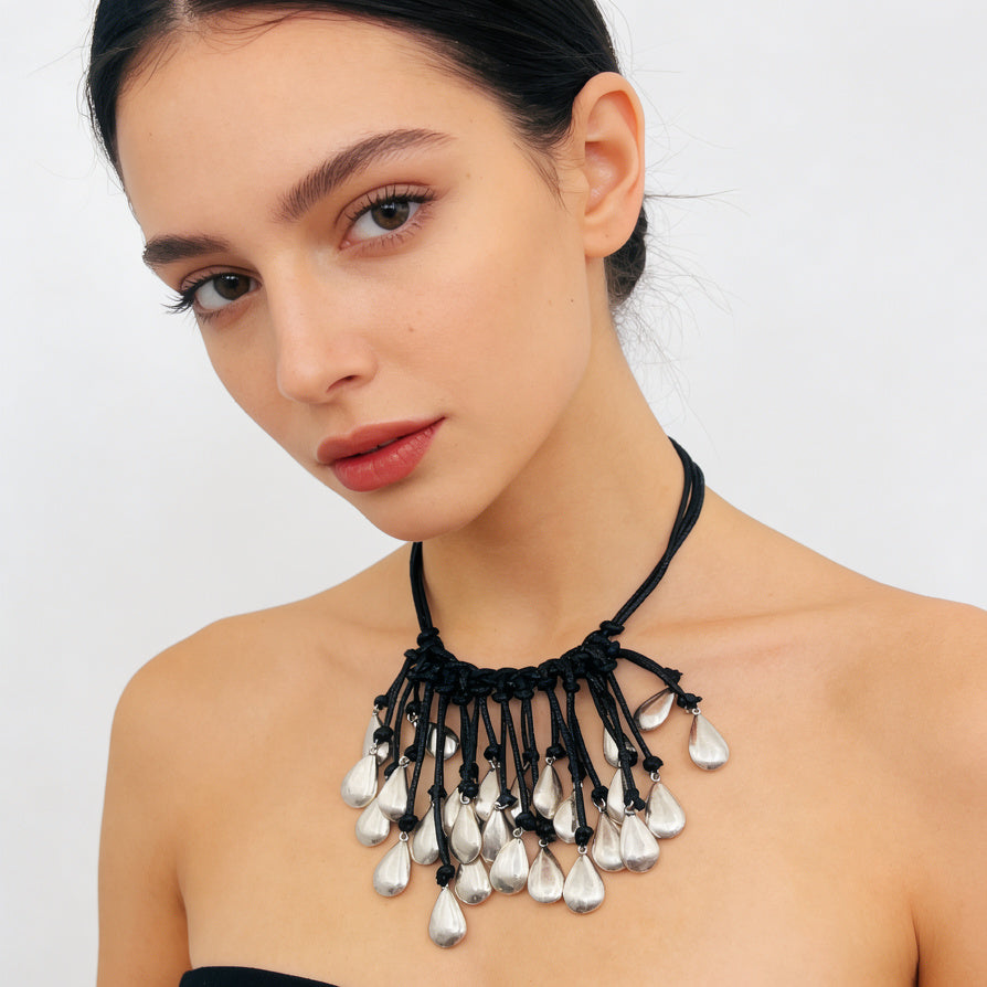 Vintage Silver Teardrop Necklace with Black Cord - Boho Ethnic Necklace for Women, Statement Jewelry for Party|JI JOYA