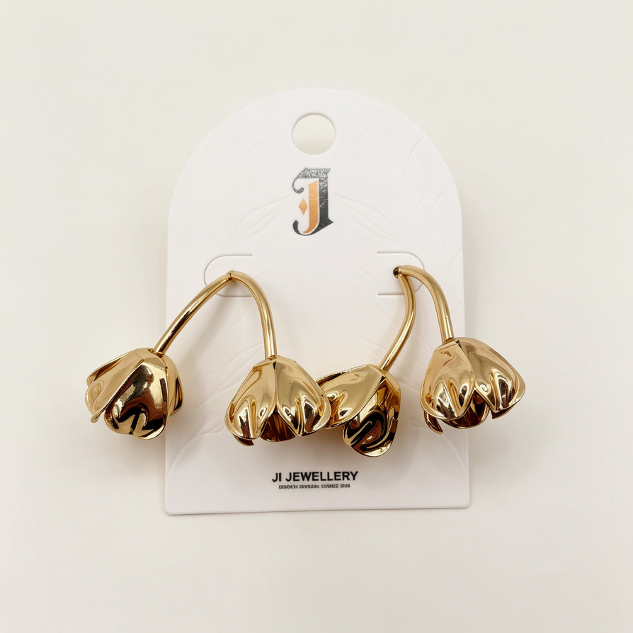 Pendientes de Tulipán Dorado de Metal, Diseño Minimalista - Venta al Por Mayor / B2B|JI JOYA