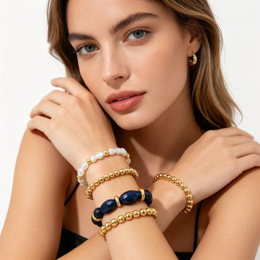 Pulseras de Perlas y Piedras de Colores - Set de 3 Piezas con Baño de Oro para Mujer | Joyería al Por Mayor|JI JOYA
