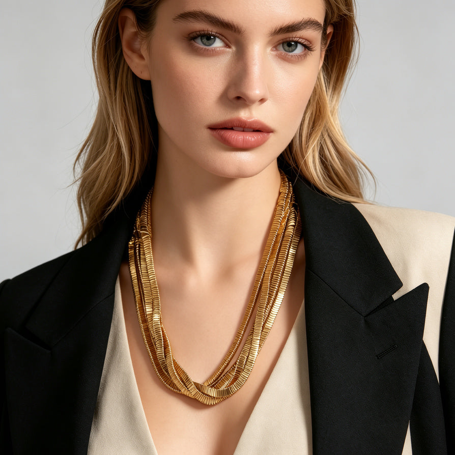 JI JOYA VENTA AL POR MAYORCadena Plana Serpiente Dorado - Collar / Pulsera Multicapa Mayorista Bisutería Moda Mujer