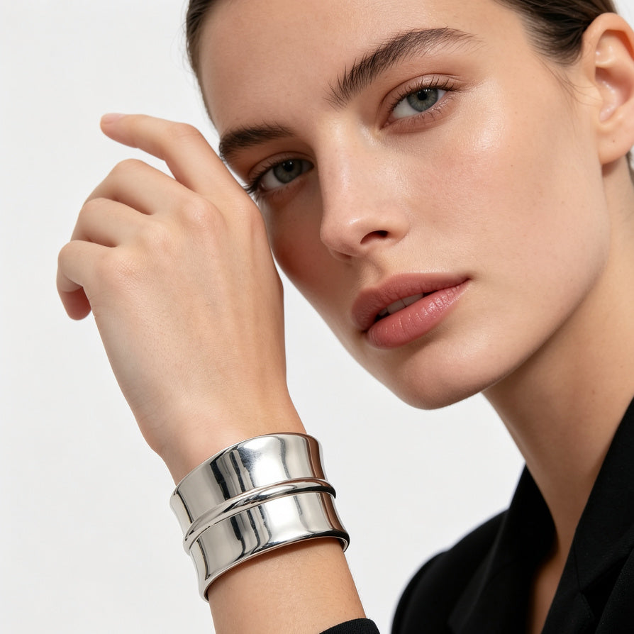 Pulsera Cuff Plata Brillante, Estilo Minimalista, Joyería Mayorista para Mujer|JI JOYA