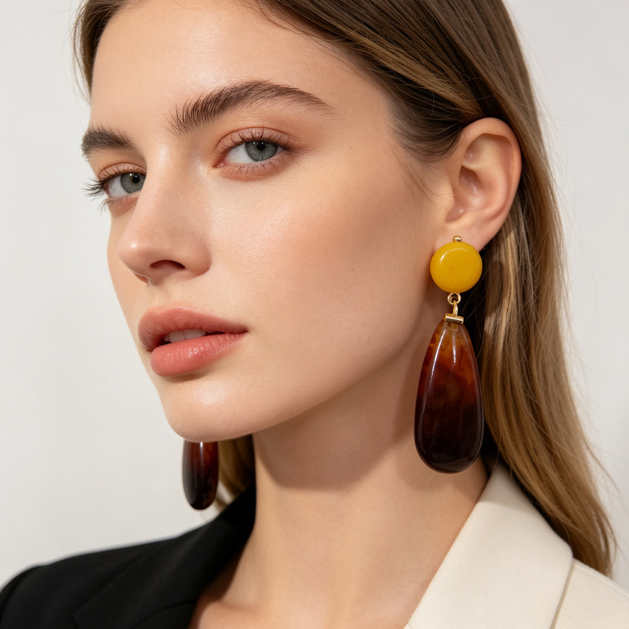 Pendientes Gota Ámbar y Amarillo | Joyería de Moda al Por Mayor|JI JOYA