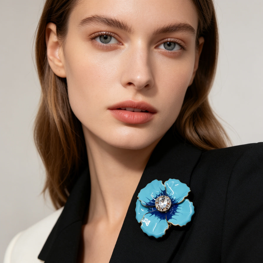 Broche de Flor Azul/Rosa de Esmalte con Cristal - Bisutería de Moda para Mujeres | Mayorista|JI JOYA