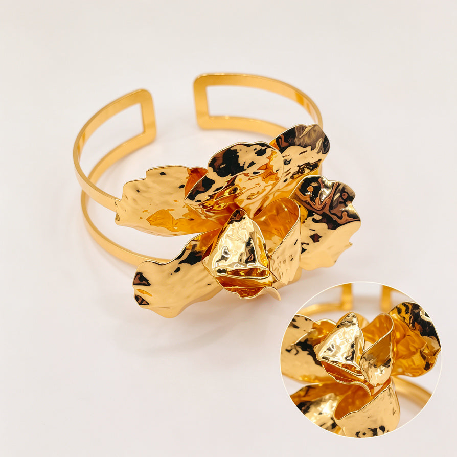 Pulsera Brazalete de Flor Grande Texturizada, Diseño Moderno, Mayorista de Bisutería al Por Mayor|JI JOYA