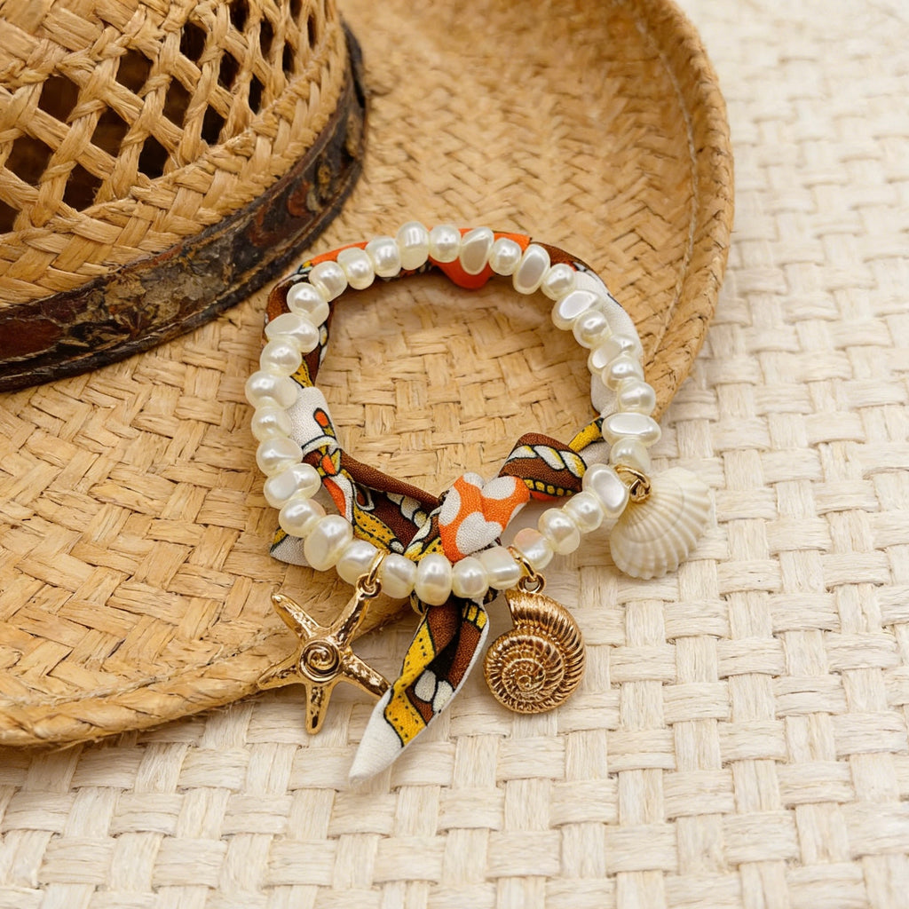 Pulsera multicapa Bohemian Vacation | Pulsera de perlas con dije de concha, estrella de mar