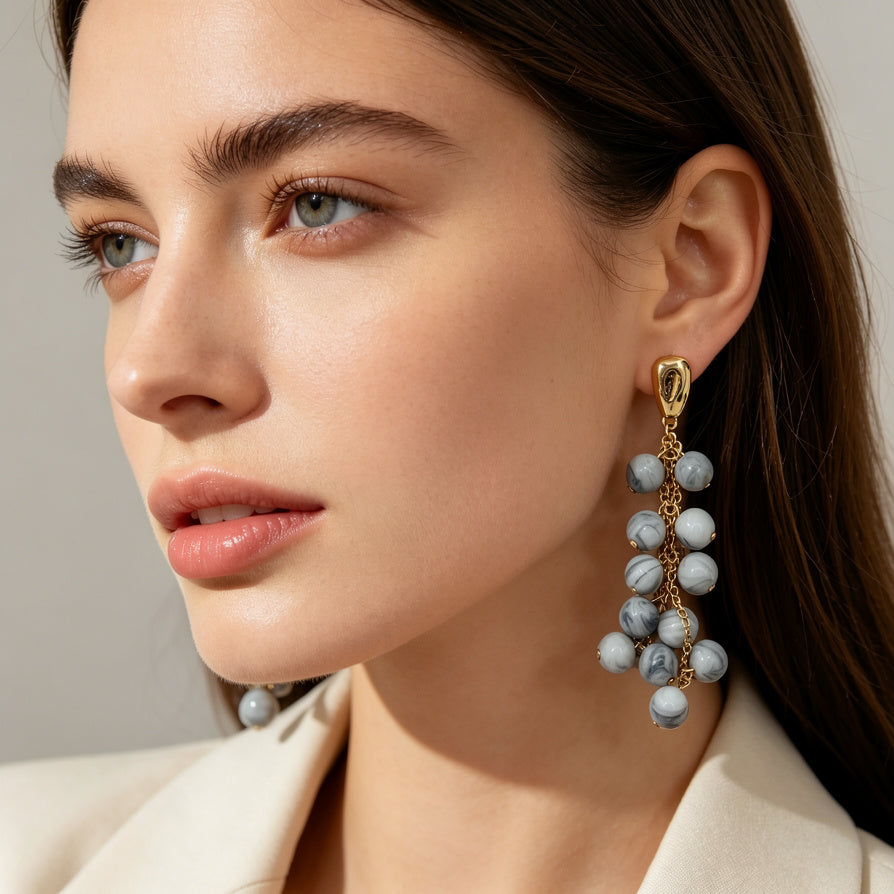 Pendientes de Borla con Cuentas de Resina - Diseño Largo Colgante Chapado en Oro - Joyería de Moda al Por Mayor para Mujer - 6 Colores Disponibles|JI JOYA