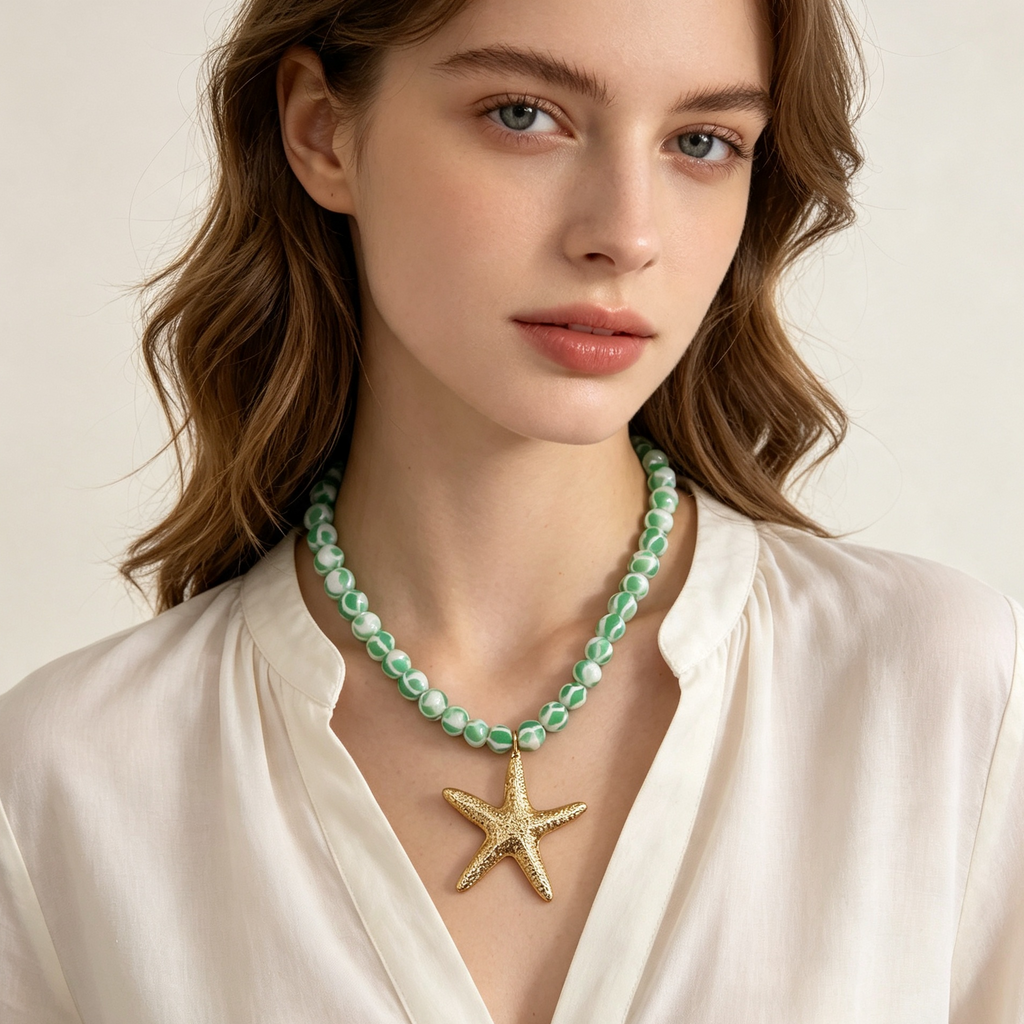 Collar de cuentas rayadas blanco-verde/azul/naranja con colgante de estrella de mar dorada, joyería de playa al por mayor para mujer|JI JOYA