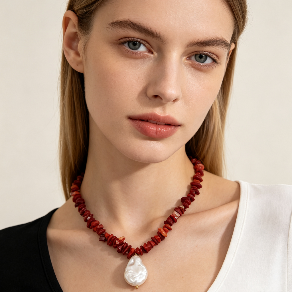 Collar de piedras rojas trituradas con perla barroca, collar artesanal al por mayor para mujer|JI JOYA
