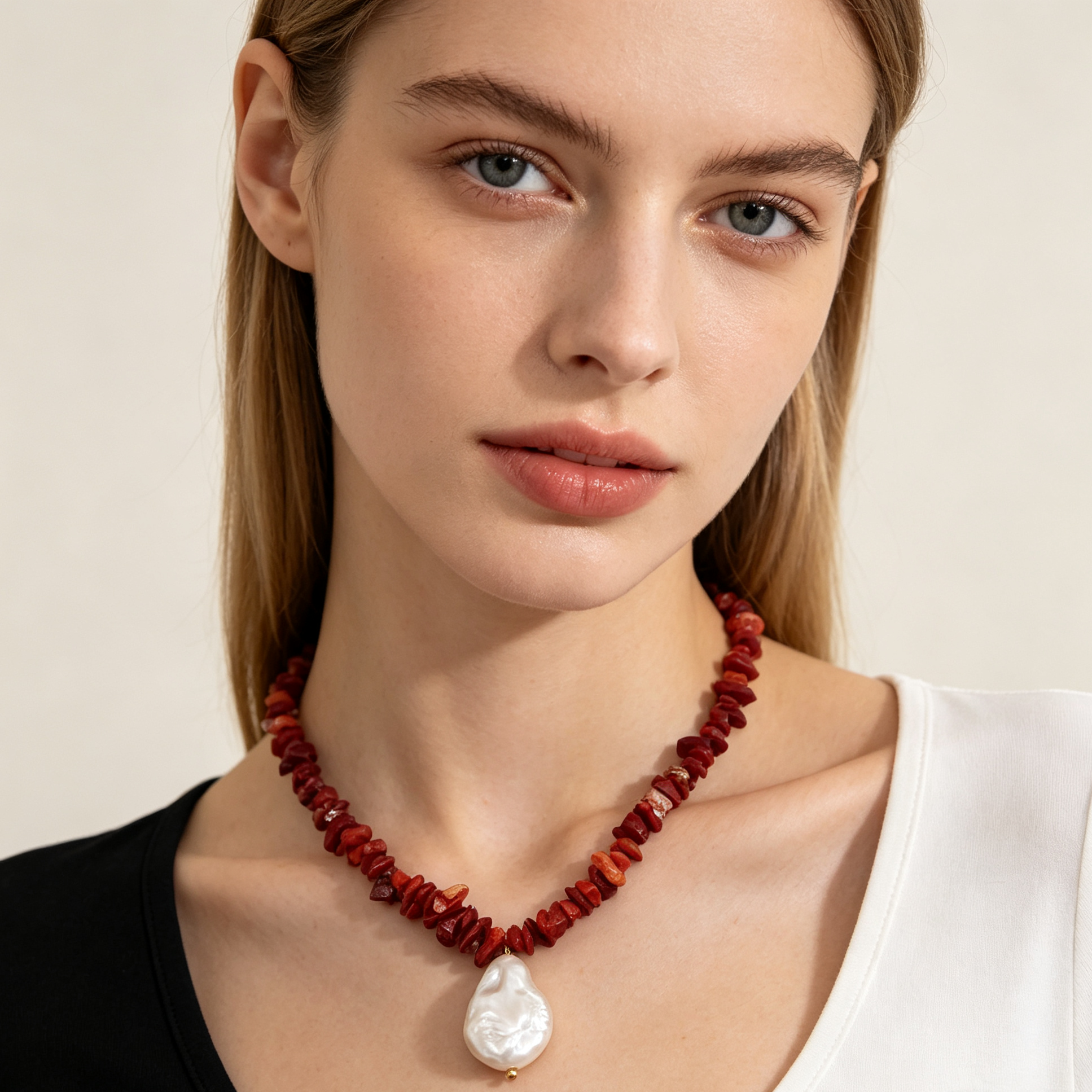 Collar de piedras rojas trituradas con perla barroca, collar artesanal al por mayor para mujer|JI JOYA