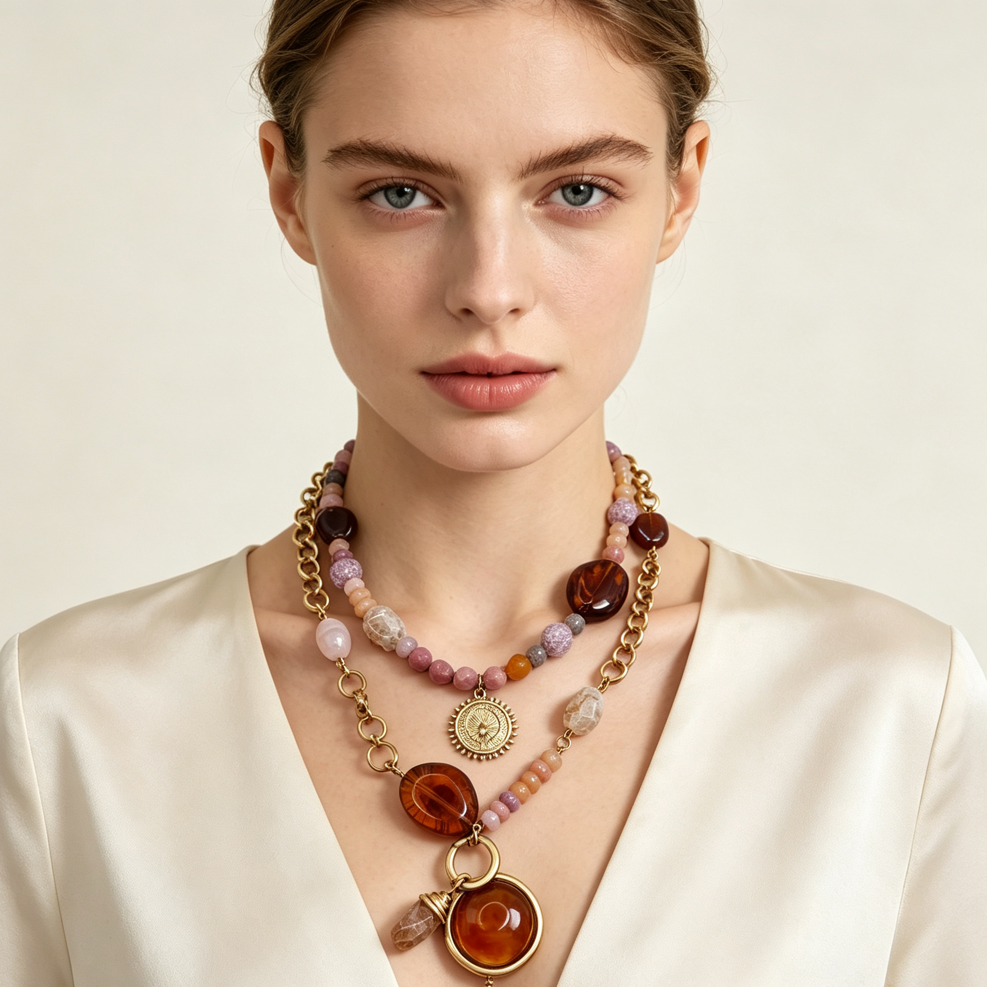 Collar de piedras mixtas con colgante vintage, cadena dorada, accesorio de moda mayorista|JI JOYA