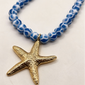 Collar de cuentas rayadas blanco-verde/azul/naranja con colgante de estrella de mar dorada, joyería de playa al por mayor para mujer|JI JOYA