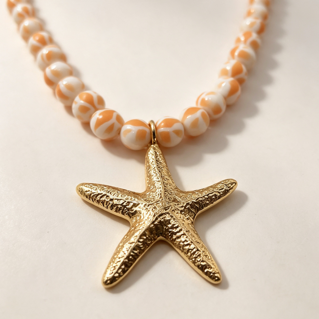 Collar de cuentas rayadas blanco-verde/azul/naranja con colgante de estrella de mar dorada, joyería de playa al por mayor para mujer|JI JOYA