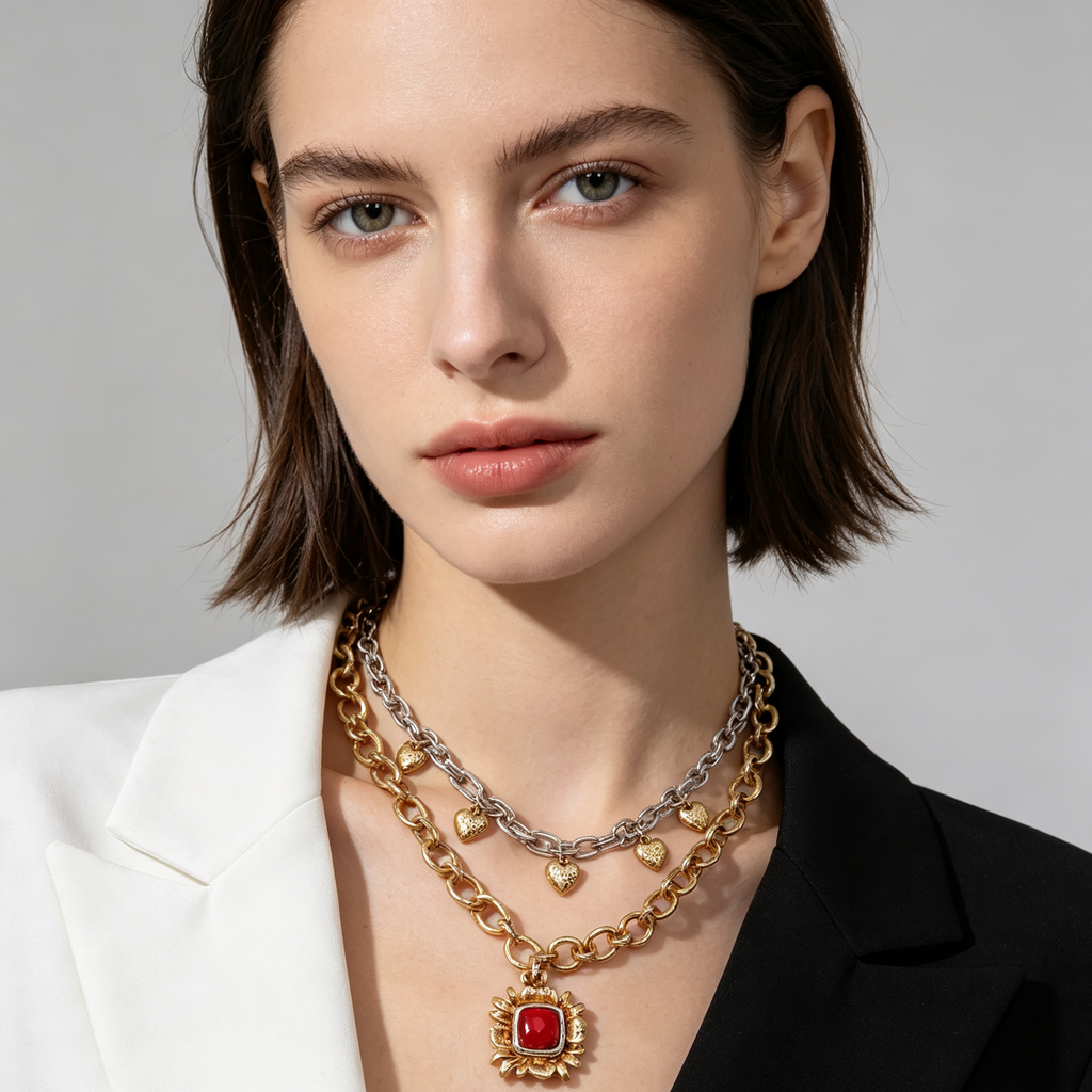 Collar Doble Cadena Vintage con Colgante de Piedra Roja, Joyas de Moda al Por Mayor|JI JOYA
