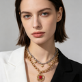 Collar Doble Cadena Vintage con Colgante de Piedra Roja, Joyas de Moda al Por Mayor|JI JOYA