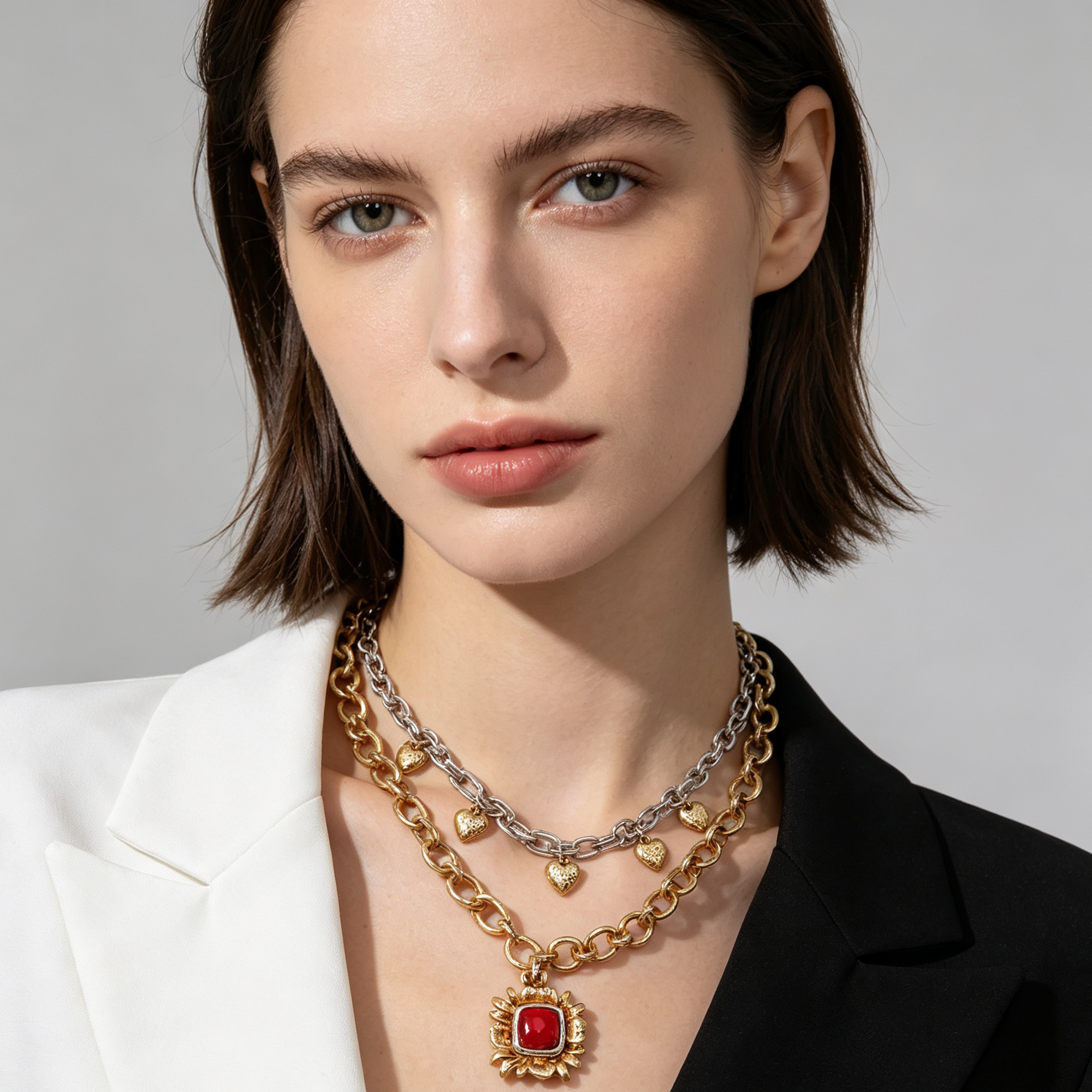 Collar Doble Cadena Vintage con Colgante de Piedra Roja, Joyas de Moda al Por Mayor|JI JOYA