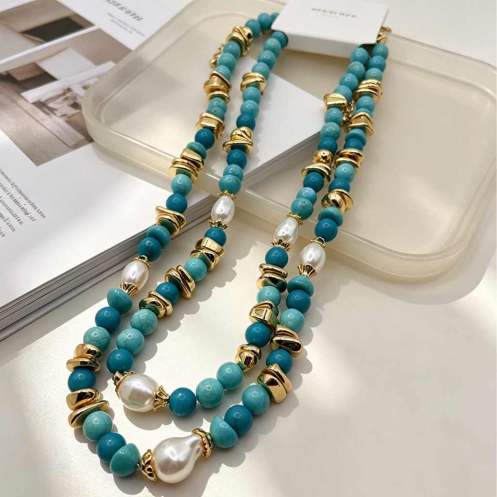 Collar doble combinado turquesa y perlas, collar de cuentas de piedras sintéticas para mujer, al por mayor|JI JOYA