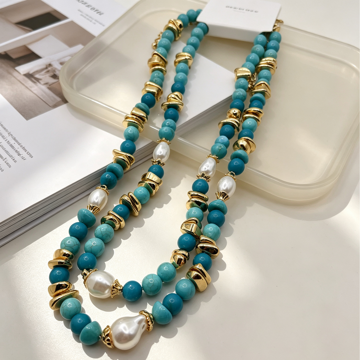 Collar doble combinado turquesa y perlas, collar de cuentas de piedras sintéticas para mujer, al por mayor|JI JOYA
