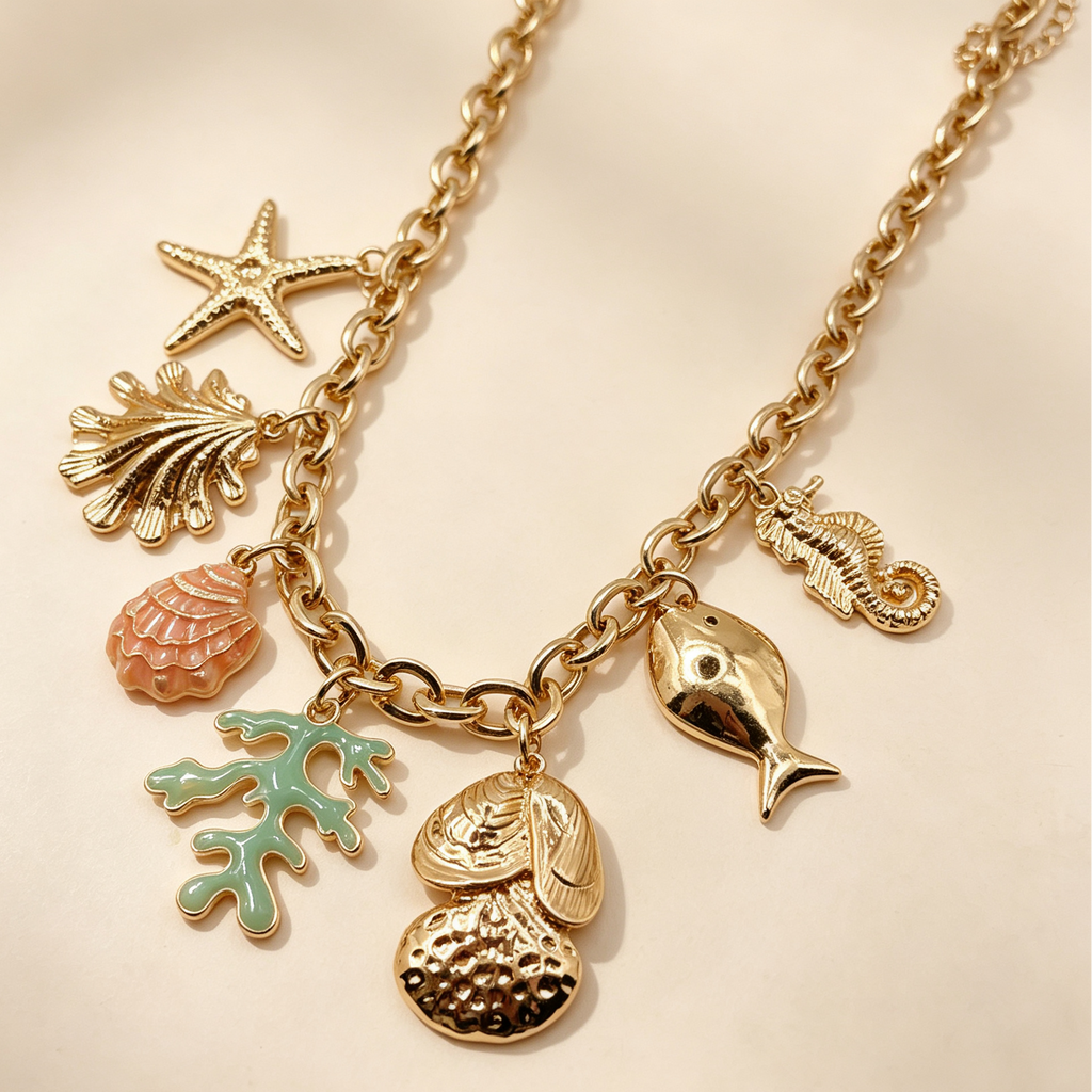Collar Dorado Temático Marino Colgantes Estrella de Mar Concha Coral Mayorista|JI JOYA