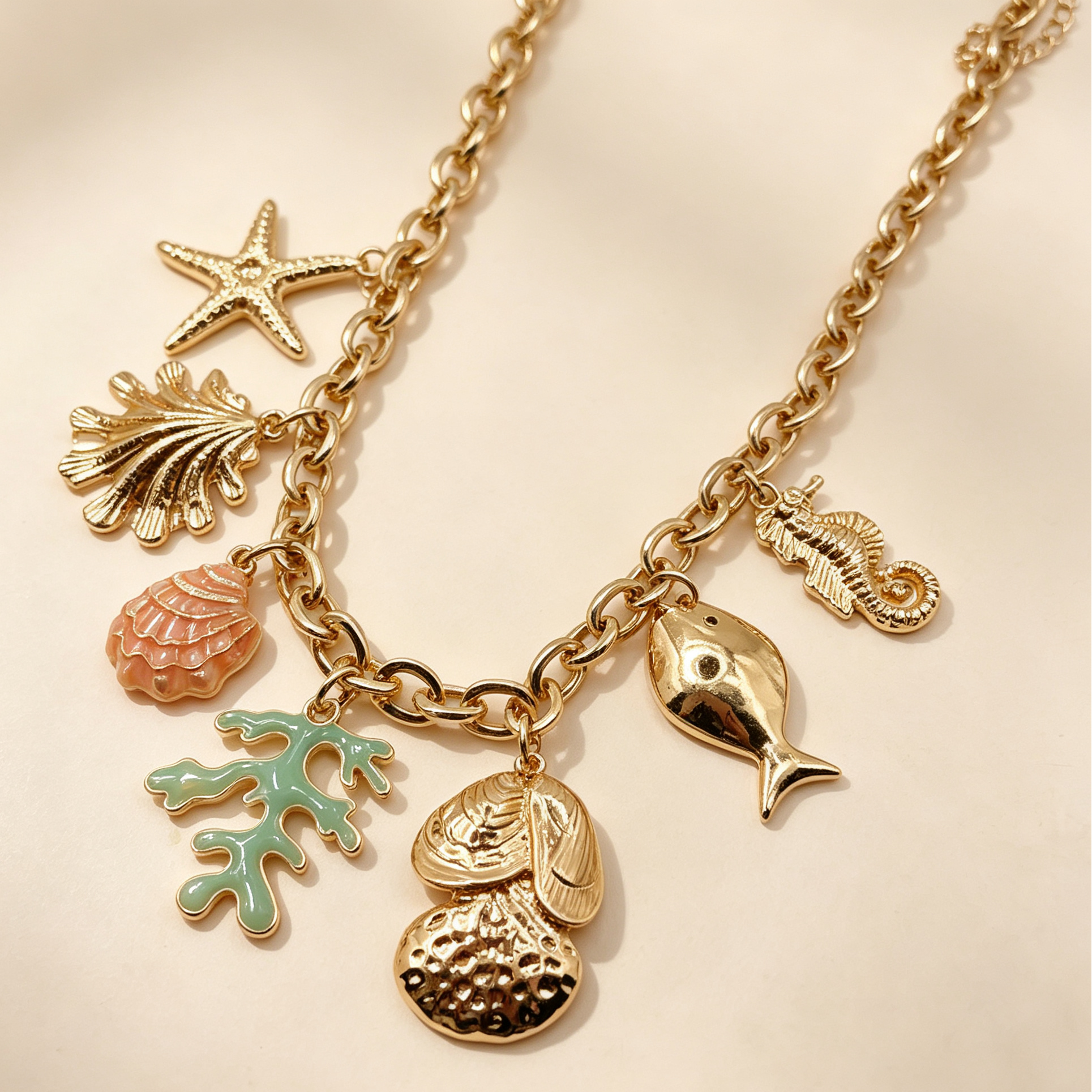 Collar Dorado Temático Marino Colgantes Estrella de Mar Concha Coral Mayorista|JI JOYA