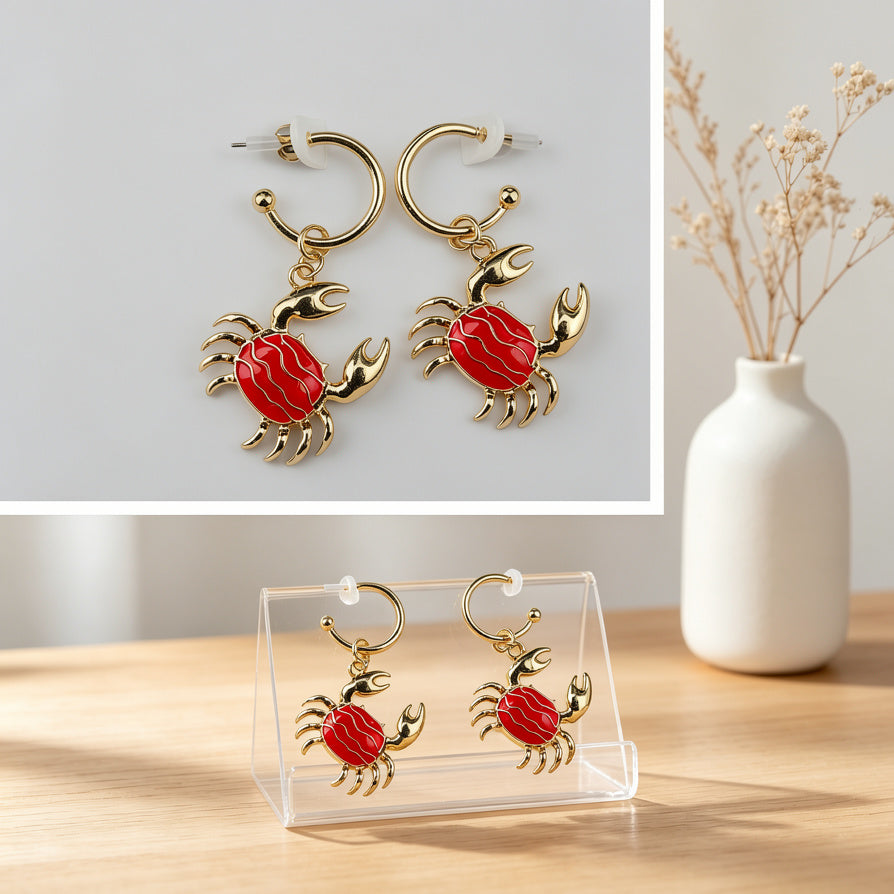 Pendientes Cangrejo Rojo Dorado al por Mayor | Joyería de Moda para Mujer, Diseño Marino, Calidad Premium|JI JOYA