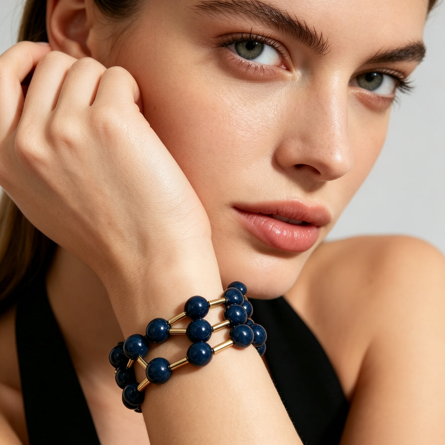 Pulsera de cuentas azules marino y metal dorado | Accesorio de moda mayorista|JI JOYA
