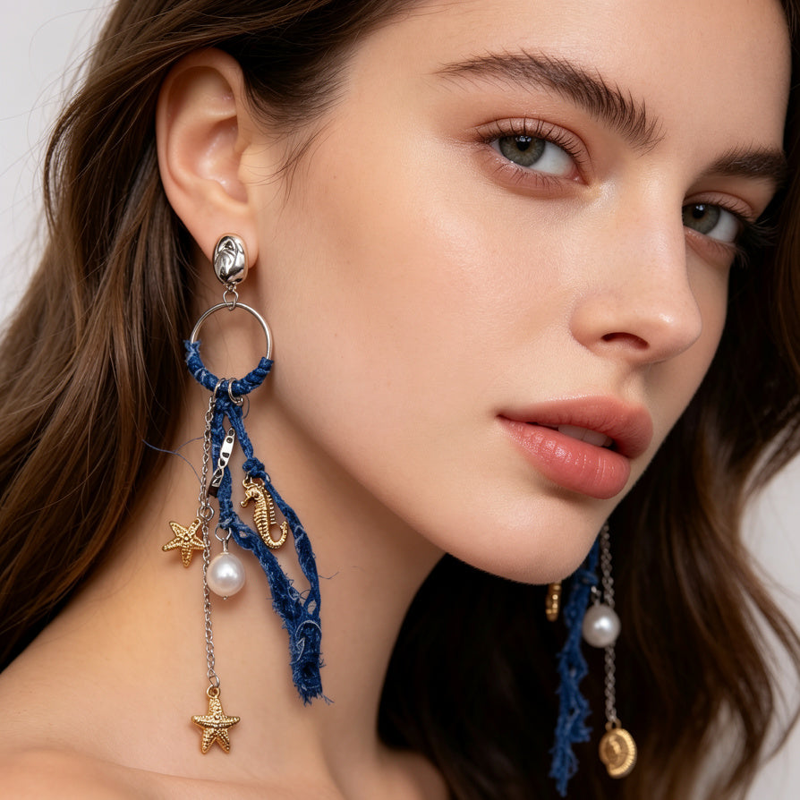Pendientes Boho Marinos con Tela Desgastada - Mayorista Joyería Veraniega|JI JOYA