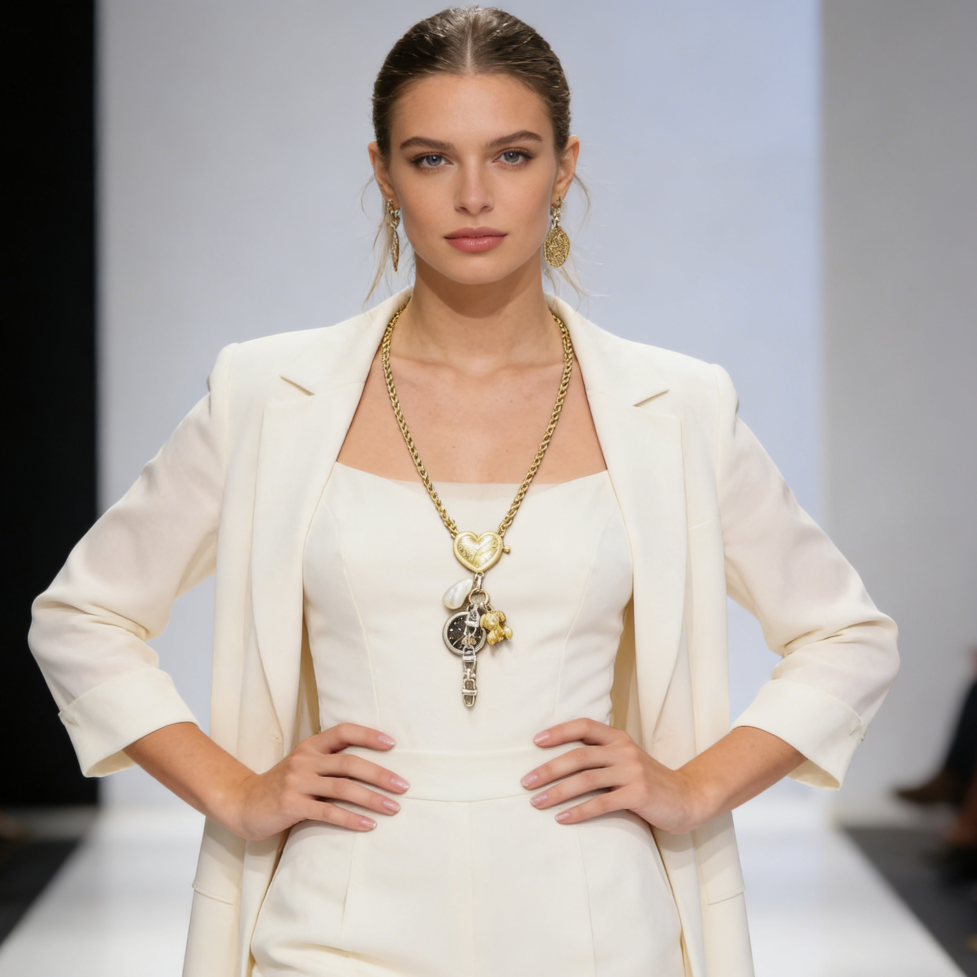 Collar vintage con dije de reloj de corazón | Collar con colgante de oso de perla de metal mixto para mujer | Collar retro con capas de oro y plata