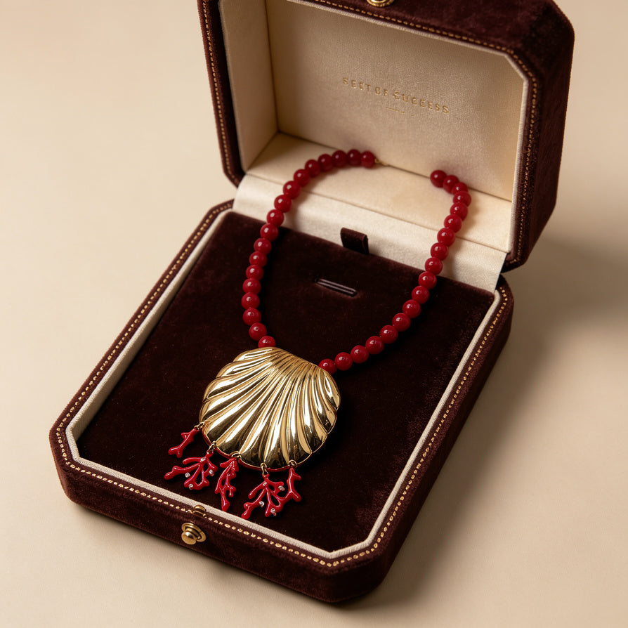 Collar Gargantilla de Concha Dorada y Coral Rojo - Joyería Boho Chic para Mujer|JI JOYA