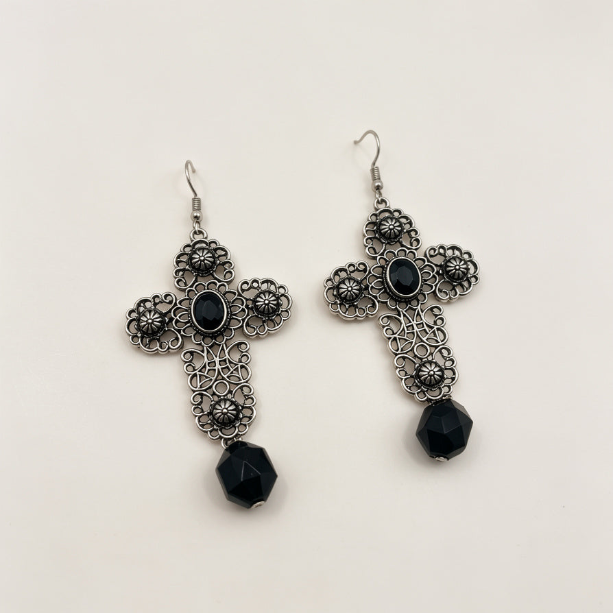 Pendientes Cruz Vintage con Piedra Negra - Oro/Plata - Joyería al Por Mayor|JI JOYA