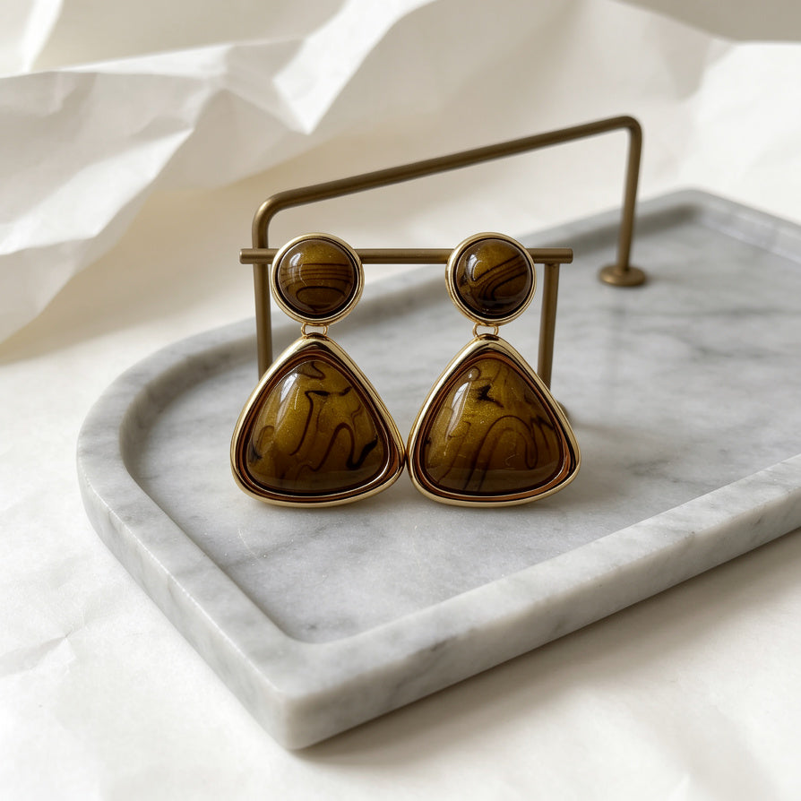 Pendientes Geométricos Resina Mármol Dorados | Moda Elegante Mayorista Joyería Mujer|JI JOYA