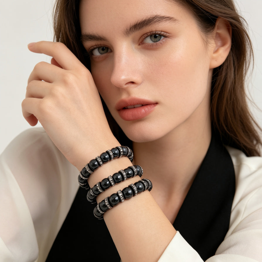 Pulsera Doble de Hematita con Circonias - Joyería de Moda al Por Mayor|JI JOYA