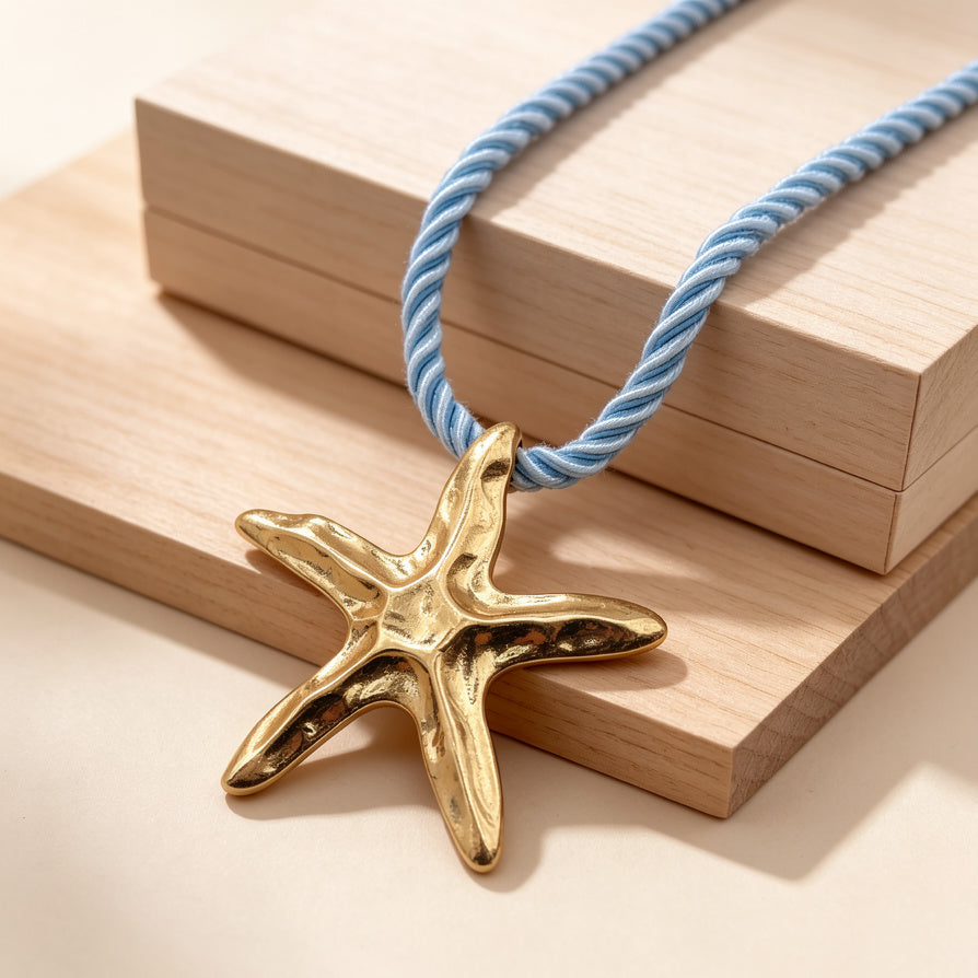 Collar de Estrella de Mar de Metal con Cordón Azul, Colores Plata y Oro, Joyería de Playa al Por Mayor|JI JOYA