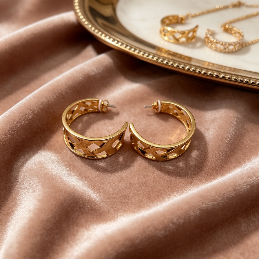 Aros de Oro Estilo Geométrico Hueco al Por Mayor | Pendientes de Lujo para Mujer, Calidad Premium|JI JOYA
