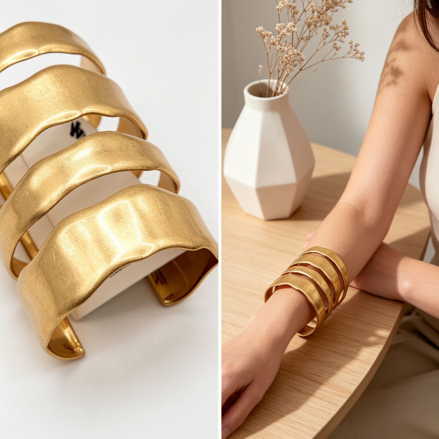 Pulsera Brazalete Ondulada en Zinc Aleación | Mayorista Mujer, Dorado Brillante y Dorado Mate|JI JOYA