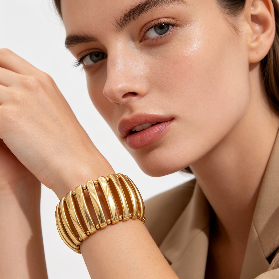 Pulsera Elástica de Barras Curvadas en Aleación de Zinc - Diseño Minimalista, Acabado en Plata y Oro - Bisutería de Moda para Mujeres, Venta al Por Mayor| JI JOYA